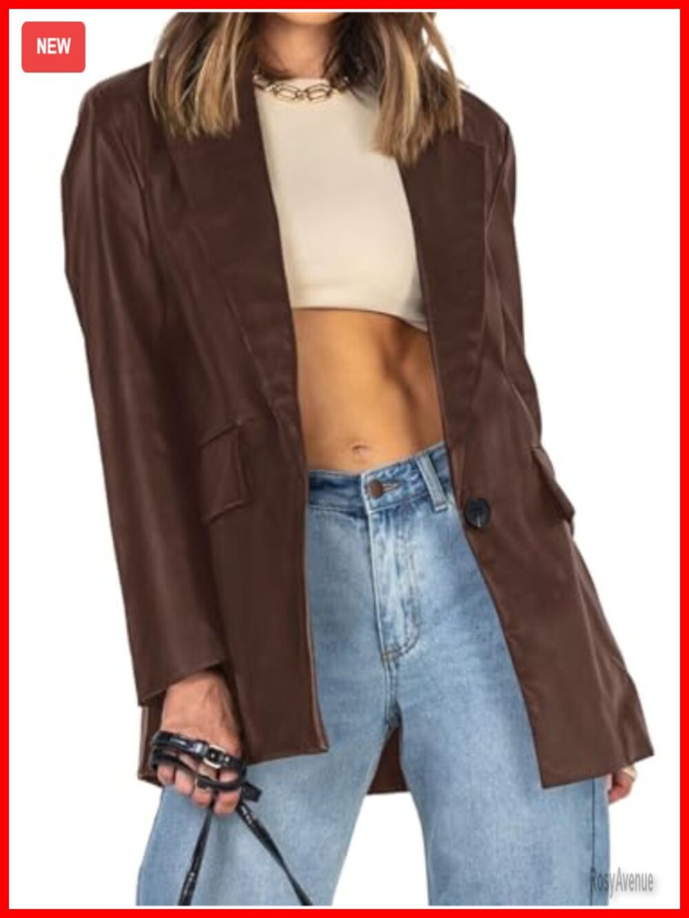 Oversized Faux Leather Jacket Long Sleeve Blazer Notch Lapel Button Front